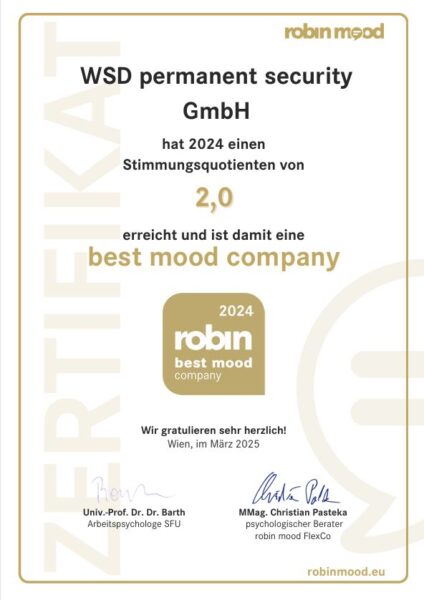 WSD permanent security – Auszeichnung als Best Mood Company 2024 mit dem Goldenen Robin